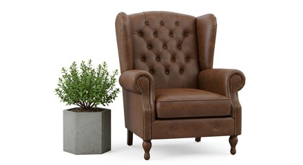 Distressed brown leather wingback chair shown with a small potted green plant, isolated on white.