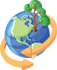Flat colourful Earth icon with arrows + eco tree roots design.