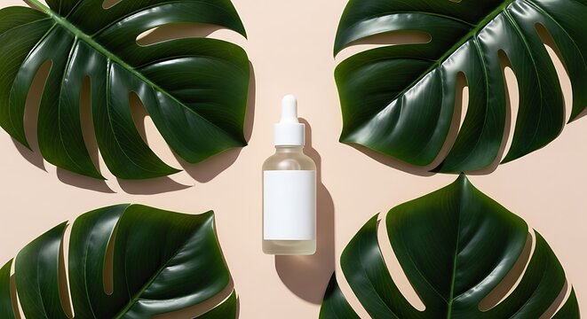Botanical elixir presentation featuring monstera leaves and serum container