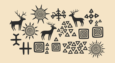 Ancient Rock Art Depicting Deer, Suns, and Symbolic Shapes
