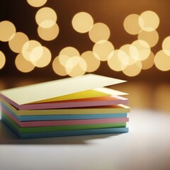 Fototapeta premium Colorful stack of sticky notes on a table with blurred golden bokeh