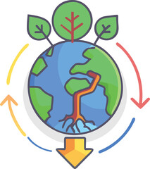 Flat colourful Earth icon with arrows + eco tree roots design.