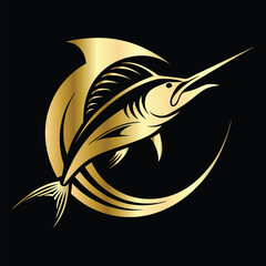 Golden Marlin Fish Logo Design – Luxury Sailfish Vector Emblem for Sport Fishing, Seafood Branding, Ocean Adventure Badge, Premium Fisherman Club Icon, Stylish Golden Logo Illustration.
