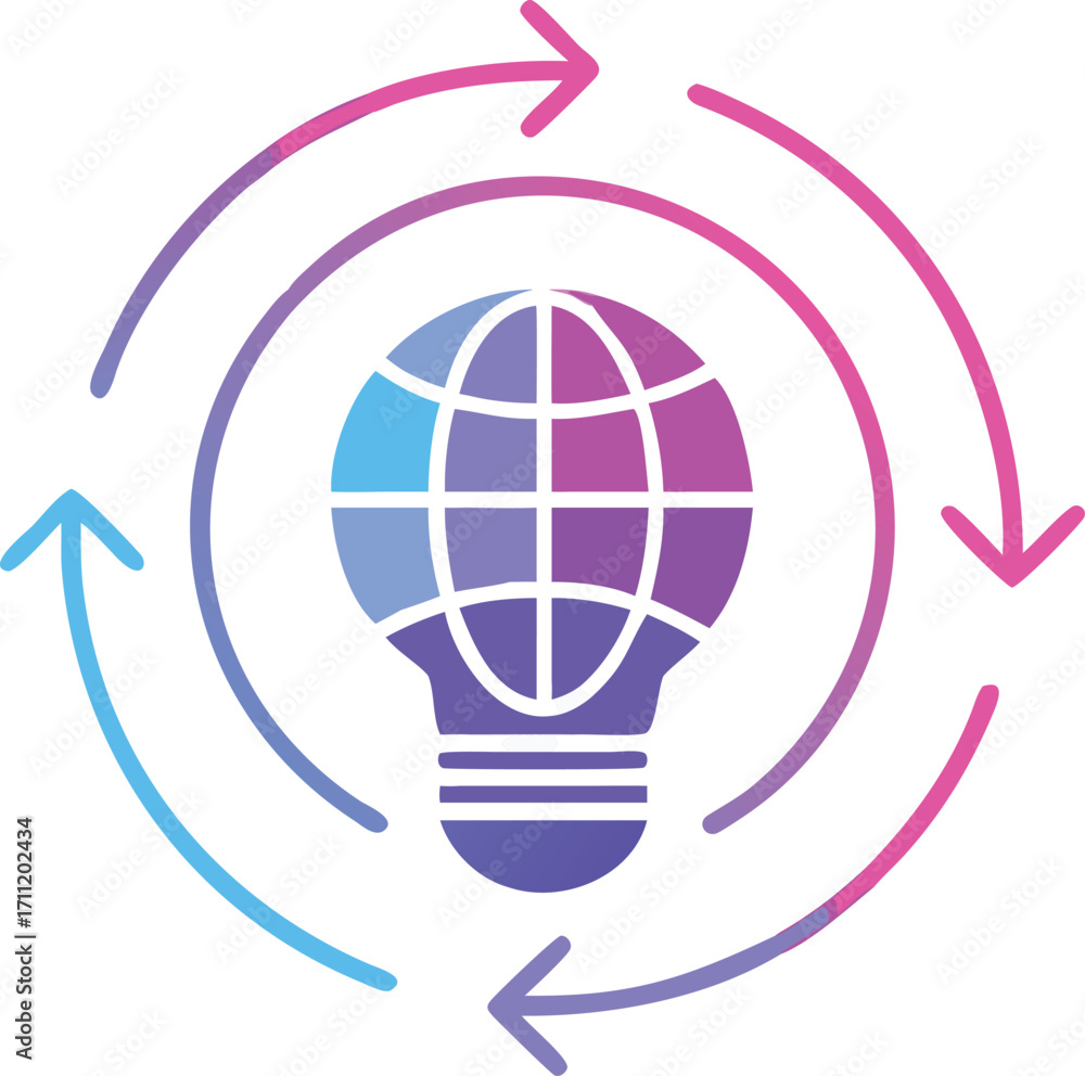 Aufkleber gradient globe with spiral arrows wrapping around a glowing bulb.