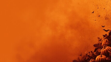 Vibrant orange autumn background with pumpkins, foliage, and subtle elements like a bird and spiderweb,