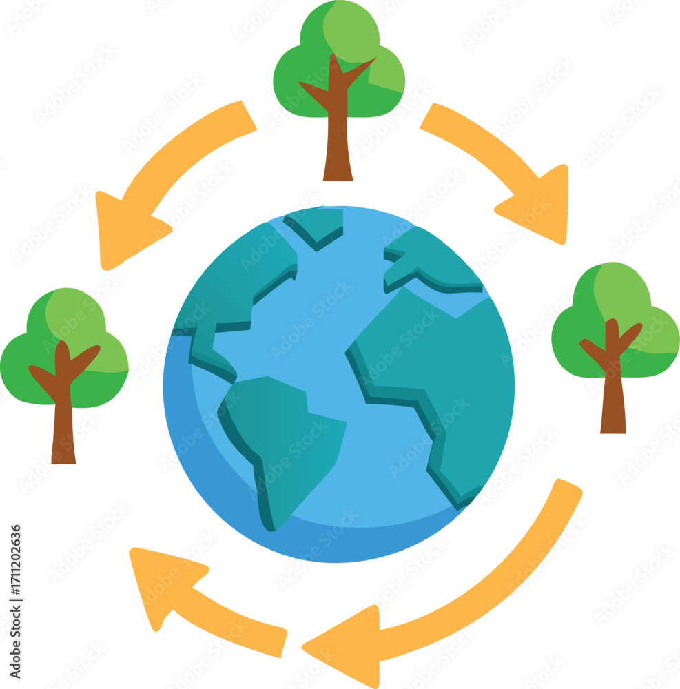 Poster flat style world with solid brown circular arrows and small tree sapling.