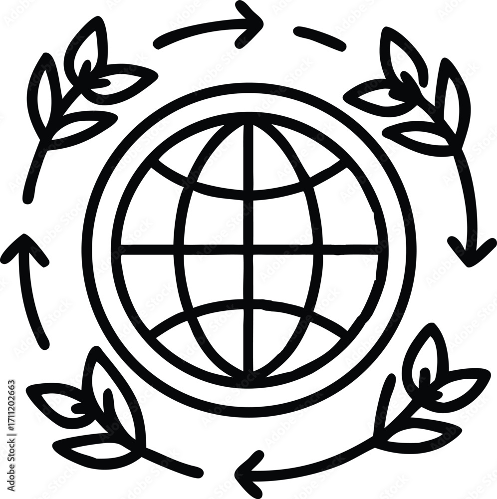 Poster globe line art style with multi-direction spiral arrows and leaves sprouting.