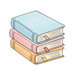 Stack of three colorful books with bookmarks isolated on transparent background