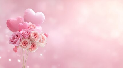 Obraz premium Elegant pink rose display with heart-shaped balloons, floral arrangement in pastel tones,