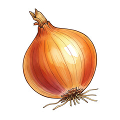 A single ripe yellow onion with roots and stem isolated on transparent background