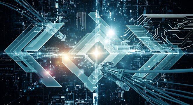 Digital stream with glowing geometric shapes and circuits - Powered by Adobe