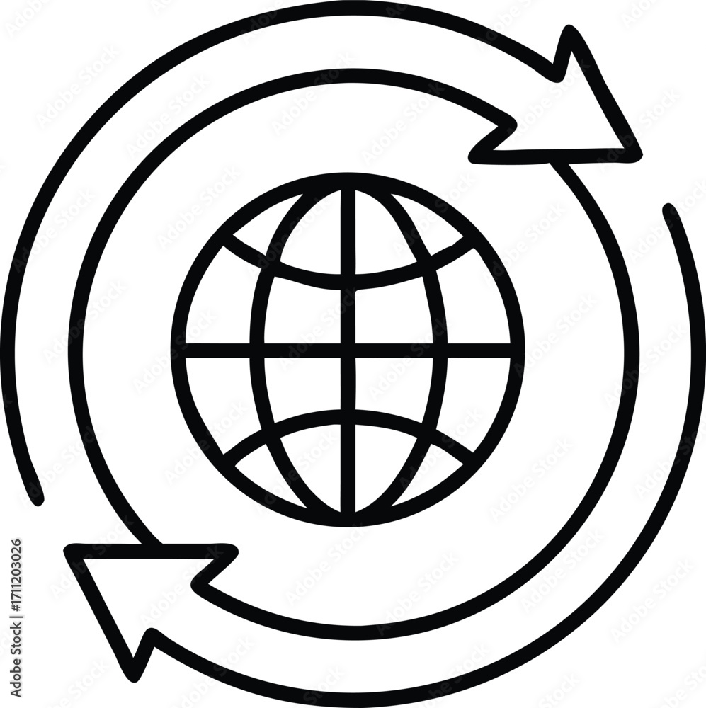 Poster line art globe with arrows forming circular loop and energy panel inside.