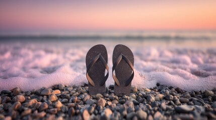 Black Flip Flops Resting on Pebble Beach with Gentle Waves Under a Beautiful Sunrise Sky