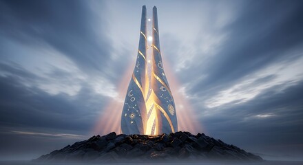 Futuristic monument on rocky terrain under a cloudy sky