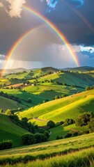 Obraz premium Vibrant Rainbow Over Lush Green Hills and Scenic Landscape