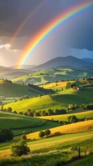 Obraz premium Lush Green Hills Under a Bright Double Rainbow After a Rain Shower