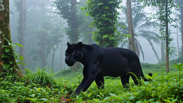 A majestic black panther gracefully prowling through a misty and dense tropical rainforest