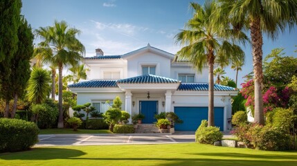 Attractive two-story house with white walls and blue roofing tiles featuring Mediterranean style, lush greenery,
