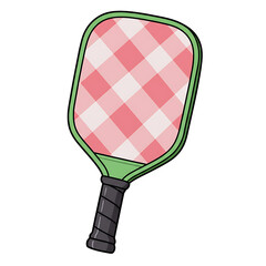 Green pickleball paddle with pink gingham pattern isolated on transparent background