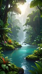 Tranquil Jungle River Surrounded by Lush Greenery and Misty Mountains
