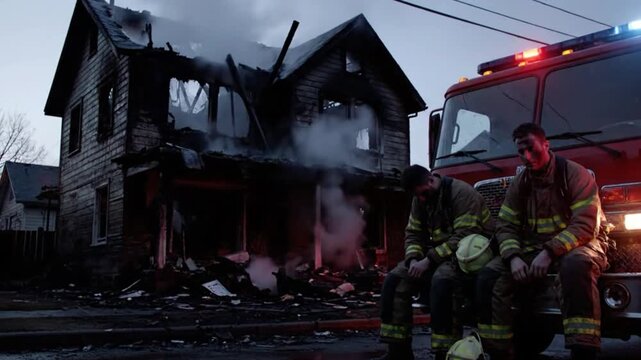 Exhausted and dejected firefighters sit on a fire truck in the aftermath of a devastating house fire.