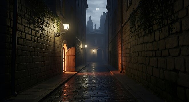 Narrow cobblestone alley at night with a large wooden door