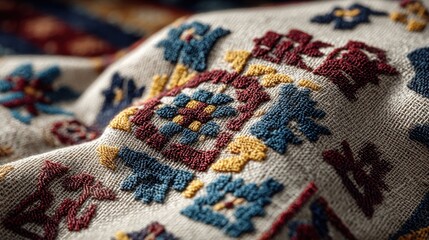 Fototapeta premium Close-up of intricately textured fabric with rich cultural embroidery detail