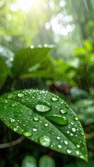 Fresh Rain Drops on Green Leaf Surface in Lush Nature Environment