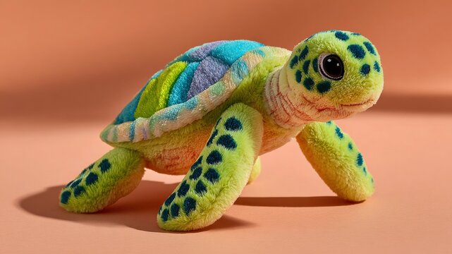 Plush turtle toy with green and blue spots, soft texture, cute expression, and colorful shell on peach background evokes playful joy