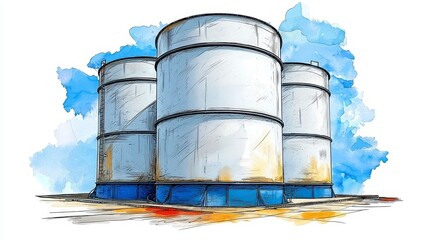 Three Gray Cylindrical Tanks in Watercolor Illustration