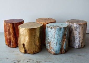 Collection of five unique decorative tree stump side tables with artistic finishes.