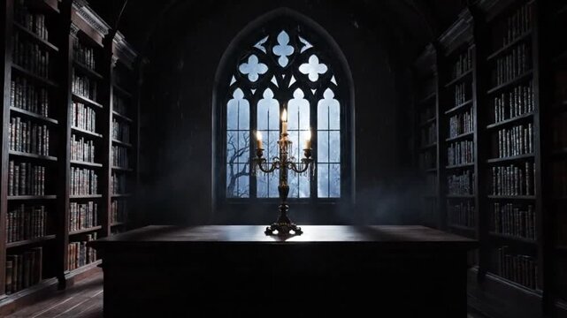 Animated push in shot of a dark and spooky gothic library on a stormy night with lightning and a lit candelabra.