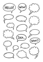 A creative collection of hand-drawn sketch style speech bubbles and thought clouds for expressing dialogue and ideas