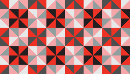 Seamless geometric pattern with red, pink, black, and gray pinwheel triangles, modern abstract design perfect for backgrounds, textiles, and wallpapers
