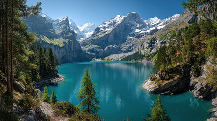 A stunning alpine lake surrounded by towering mountains and dense evergreen forests under a partly cloudy sky.