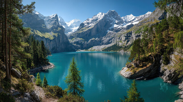 A stunning alpine lake surrounded by towering mountains and dense evergreen forests under a partly cloudy sky.
