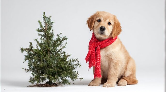 Golden retriever puppy wearing red scarf sitting beside small Christmas tree, festive portrait capturing seasonal warmth, innocence, and pet charm - Powered by Adobe