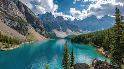 A serene alpine lake surrounded by snow-capped mountains and dense evergreen forests under a clear blue sky.