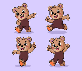 Fototapeta premium Cartoon bear character in various poses on a light purple background.