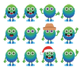Fototapeta premium A collection of 12 cute, fluffy, cartoon monsters with green and blue fur, each displaying a different emotion or action.