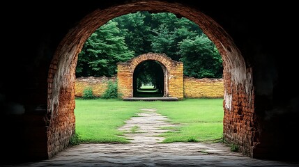 Ancient archway leading to a distant garden