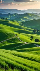 Fototapeta premium Lush Green Hills Under a Soft Golden Sunset Sky in Nature