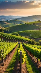 Naklejka premium Lush Vineyard Landscape at Sunset with Rolling Green Hills and Sky
