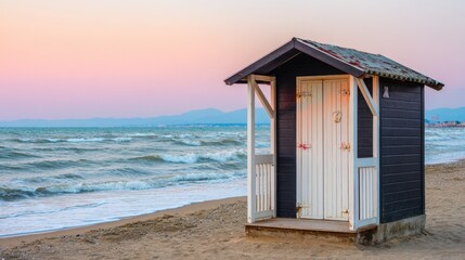 Small wooden beach hut at sunset.