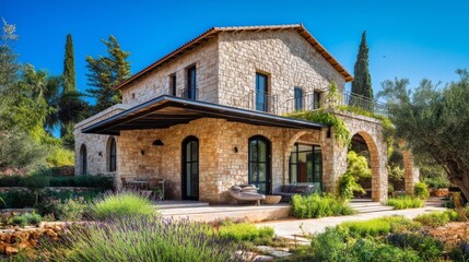 Fototapeta premium Elegant rural home with natural stone, large glass doors, covered patio, landscaped garden, vibrant shrubs,