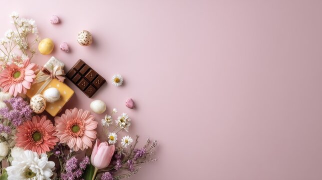 Elegant pink floral arrangement featuring daisies and tulips with chocolate bars and pastel Euro eggs,