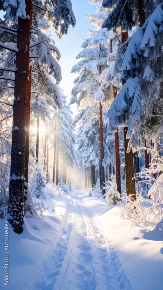 Poster serene snowy forest path with sunlight filtering through trees