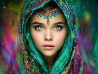 A mesmerizing fantasy portrait of a woman with glowing eyes and ornate jewelry, wrapped in vibrant colors and mystical light, blending surreal beauty with digital artistry.