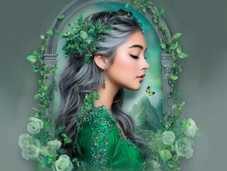 A mystical fantasy portrait of a beautiful woman in an elegant green dress with silver hair, surrounded by roses and ivy, radiating ethereal charm and magical elegance.
