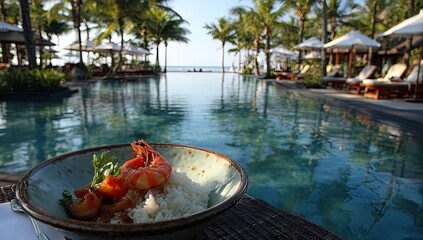 Gourmet seafood meal served poolside at a tropical vacation paradise.